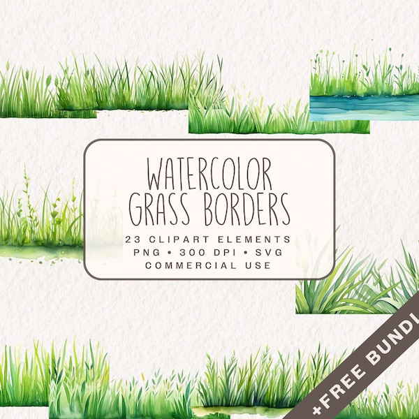 Watercolor Grass Borders Clipart, Botanical grass borders, tufts of grass graphics, grass illustrations in PNG and SVG for commercial use