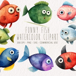 Watercolor Funny Fish Clipart, Funny Fish PNG, Fish Graphics , Fish Illustration, Fish Clip Art, Watercolor Fish, Fish SVG
