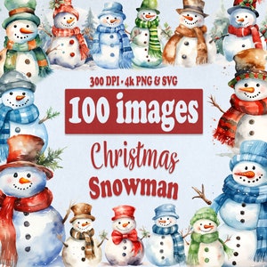Weihnachten Schneemann Clipart Bundle, 100 niedliche Aquarell Kinder Clip Art Grafiken in PNG SVG, Schneemann mit Scalf für kommerzielle Nutzung Scrap Buchung