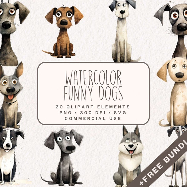 Watercolor Funny Dogs Clipart, Cute Dog Graphics in PNG and SVG, Digital Puppy Illustrations for Commercial use, Junk Journal