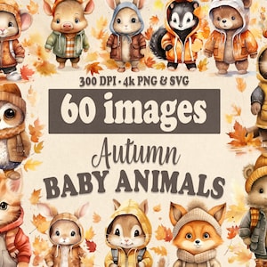 Herbst niedliche Baby-Tiere Clipart Bundle, 60 Aquarell Herbst Clip Art, PNG und SVG, Herbst Clipart Bundle, Junk Journal, für kommerzielle Nutzung