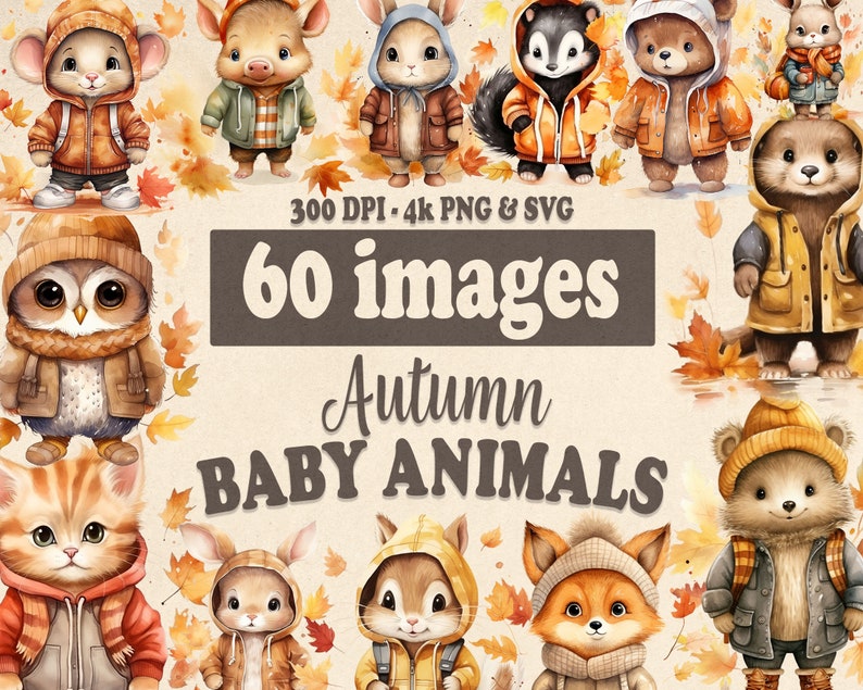 May include: 60 images of cute baby animals dressed in autumn-themed clothing. The animals include a fox, owl, bear, cat, bunny, squirrel, and otter. The images are in a watercolor style and are perfect for use in digital scrapbooking, card making, or other craft projects.