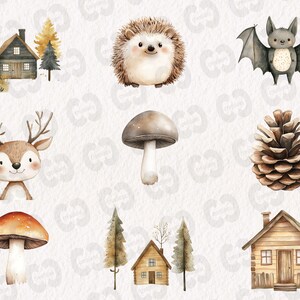 May include: A set of ten watercolor illustrations featuring woodland creatures and cabins. The illustrations include a hedgehog, a bat, a deer, a pine cone, two mushrooms, a cabin with a brown roof, and two trees.