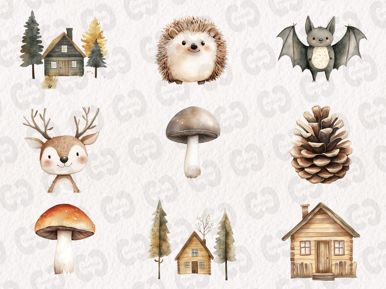 May include: A set of ten watercolor illustrations featuring woodland creatures and cabins. The illustrations include a hedgehog, a bat, a deer, a pine cone, two mushrooms, a cabin with a brown roof, and two trees.