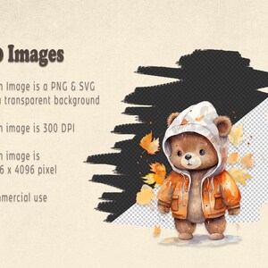 May include: A watercolor illustration of a brown bear wearing a hooded orange jacket and standing in a pile of yellow leaves. The bear has a white hood and is looking at the viewer. The image is on a transparent background.
