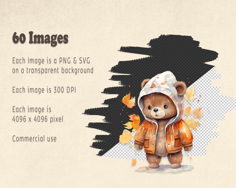 May include: A watercolor illustration of a brown bear wearing a hooded orange jacket and standing in a pile of yellow leaves. The bear has a white hood and is looking at the viewer. The image is on a transparent background.
