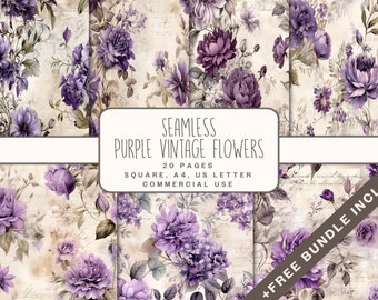 Seamless Purple Vintage Flower Digital Paper, Printable Junk Journal Pages, Shabby Rose Sheets in JPG for Scrapbook Paper, Junk Journal Kit