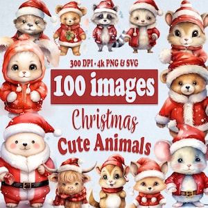 Weihnachten süße Babytiere Clipart Bundle, Aquarell Weihnachten Clip Art Grafiken, PNG und SVG Xmas Bundle, Junk Journal für kommerzielle Nutzung