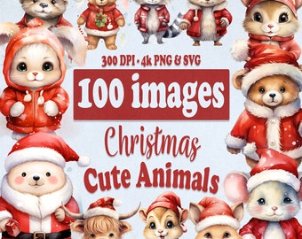 Christmas Cute Baby Animals Clipart Bundle, Watercolor Christmas Clip art graphics, PNG and SVG Xmas Bundle, Junk Journal for commercial use