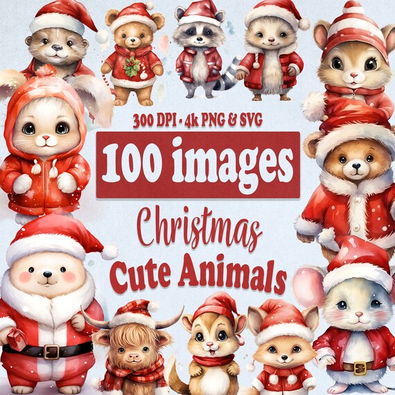 Christmas Cute Baby Animals Clipart Bundle, Watercolor Christmas Clip art graphics, PNG and SVG Xmas Bundle, Junk Journal for commercial use