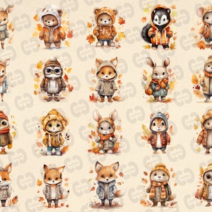 May include: A collection of 20 watercolor illustrations of various animals wearing winter clothing. The animals include a deer, bear, fox, owl, rabbit, squirrel, and cat. The illustrations are set against a light brown background with autumn leaves.