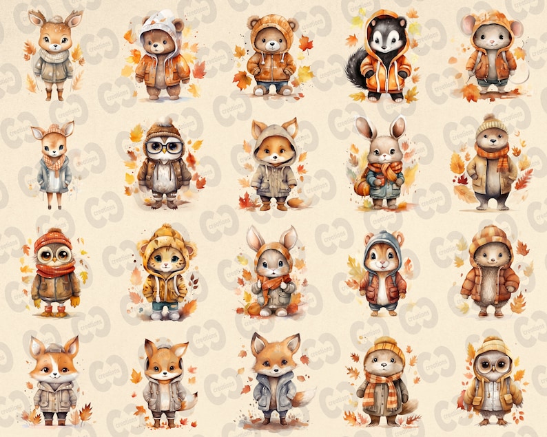 May include: A collection of 20 watercolor illustrations of various animals wearing winter clothing. The animals include a deer, bear, fox, owl, rabbit, squirrel, and cat. The illustrations are set against a light brown background with autumn leaves.