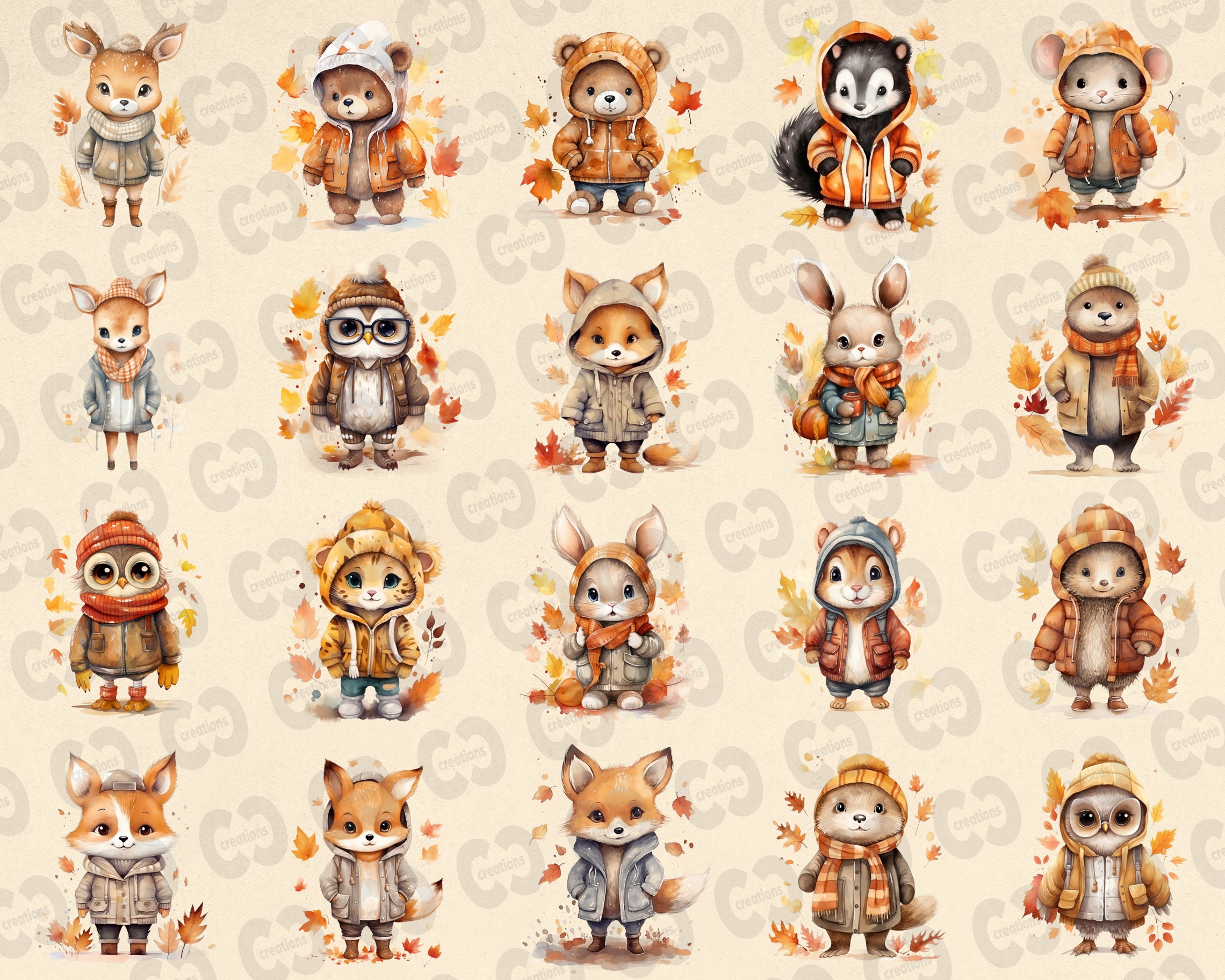 Autumn Cute Baby Animals Clipart Bundle, 60 Watercolor Fall Clip Art ...