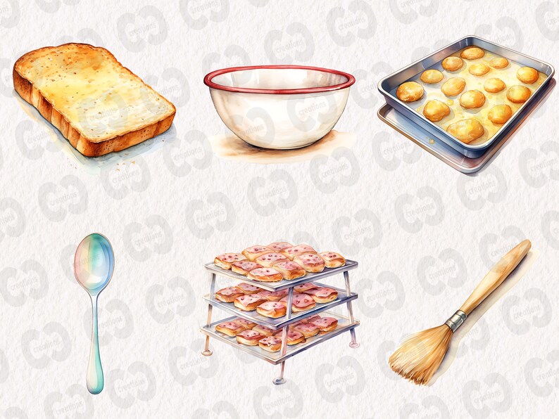 K&ouml;nnte beinhalten: Eine Aquarellillustration von Backzubeh&ouml;r, darunter ein Brotlaib, eine Sch&uuml;ssel, ein Backblech mit runden Geb&auml;ckst&uuml;cken, ein L&ouml;ffel, ein Gestell mit Geb&auml;ck, ein Pinsel und ein wei&szlig;er Hintergrund.
