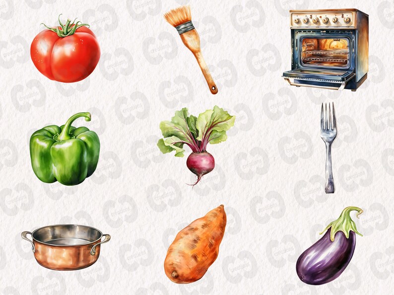 May include: A watercolor illustration of kitchen items and produce. The illustration includes a red tomato, a green bell pepper, a red beet with green leaves, a sweet potato, a purple eggplant, a copper pot with a handle, a silver fork, a wooden paintbrush, and a black and white oven with a glass door.