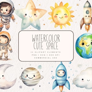 Bundle de cliparts espace mignon aquarelle, vaisseau spatial soleil heureux étoiles et lune art PNG et SVG pour sublimation, travaux manuels et sticker mural