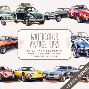 Clipart di auto d'epoca ad acquerello, illustrazioni di veicoli in formato PNG e SVG per uso commerciale come download immediato