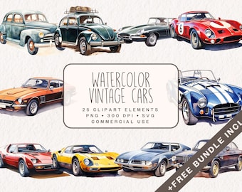 Watercolor Vintage Cars Clipart, Vehicle illustrations in PNG and SVG Format for commercial use as instant download