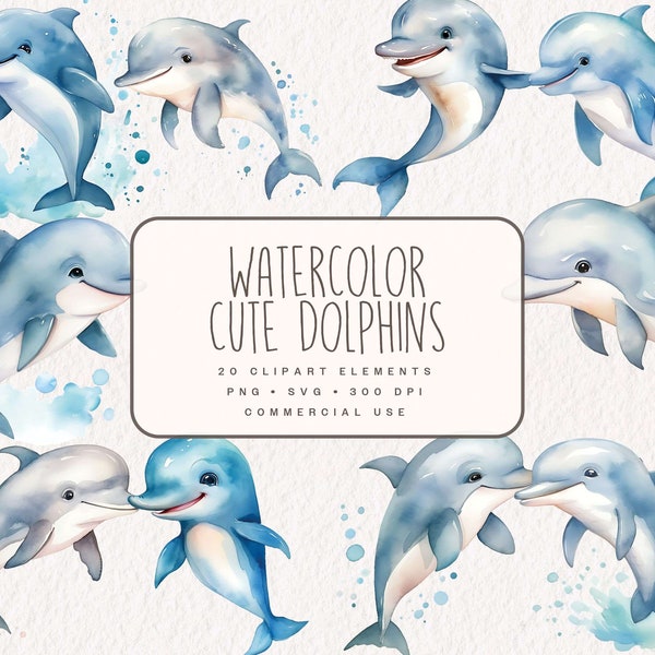 Watercolor Cute Dolphins Clipart, Undersea graphics for kids, Cute Fish Illustrations in PNG and SVG, Nursery Decor for Commercial Use