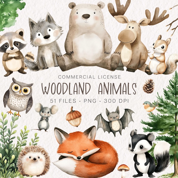 Watercolor Woodland Clipart Bundle, Cute Woodland Animals PNG, Nursery Forest Animals Clip Art, Woodland Baby Shower Clipart