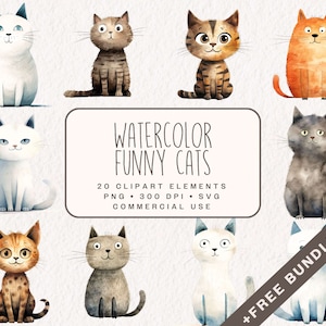 Aquarell lustige Katzen Clipart, süße Katzen Grafiken in PNG und SVG, digitale Kätzchen Illustrationen für kommerzielle Nutzung, Junk Journal