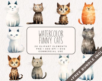Puede incluir: Un conjunto de 20 ilustraciones de acuarela de gatos divertidos en varias poses. Los gatos son de diferentes colores, incluyendo blanco, marrón, naranja y gris. Las ilustraciones son perfectas para agregar un toque de fantasía a cualquier proyecto.