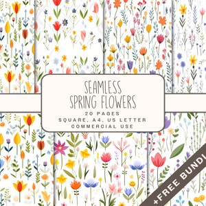 Carta digitale con fiori primaverili senza cuciture, grafica floreale per la realizzazione di cartoline, motivi simmetrici per diario spazzatura, uso commerciale