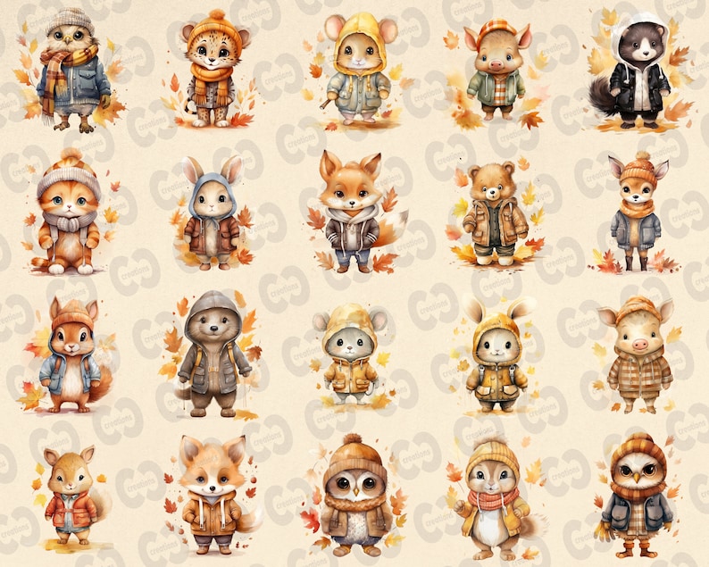 May include: A collection of 20 adorable animal illustrations wearing autumn-themed clothing. The animals include a fox, owl, squirrel, bunny, bear, pig, and more. Each animal is depicted in a cute and whimsical style, with colorful clothing and accessories.