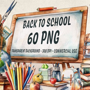 Paquete de imágenes prediseñadas de regreso a la escuela, 60 acuarelas de regreso a la escuela Clip art Set, escuela png & SVG, Niños en la escuela, Descarga instantánea, Uso comercial