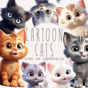 Cute Cat clipartbundel, clip art set van 20 hoge kwaliteit png's, Happy Cats, Cartoon Cat PNG en SVG, Instant Download, Commercieel gebruik