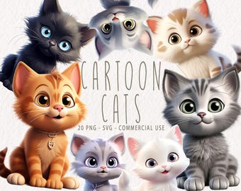 Cute Cat Clipart Bundle, clip art Set of 20 High Quality PNGs, Happy Cats, Cartoon Cat PNG & SVG, Instant Download, Commercial use