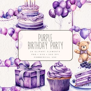 Paarse verjaardagsfeestje clipartbundel, aquarel gelukkige verjaardag kaartframes, uitnodigingen, geschenken, decor, taart, hoed png en SVG digitale download