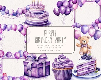 Bundle de cliparts fête d'anniversaire violet, cadres de carte de joyeux anniversaire aquarelle, Invitations, cadeaux, décoration, gâteau, chapeau PNG & SVG numérique téléchargement