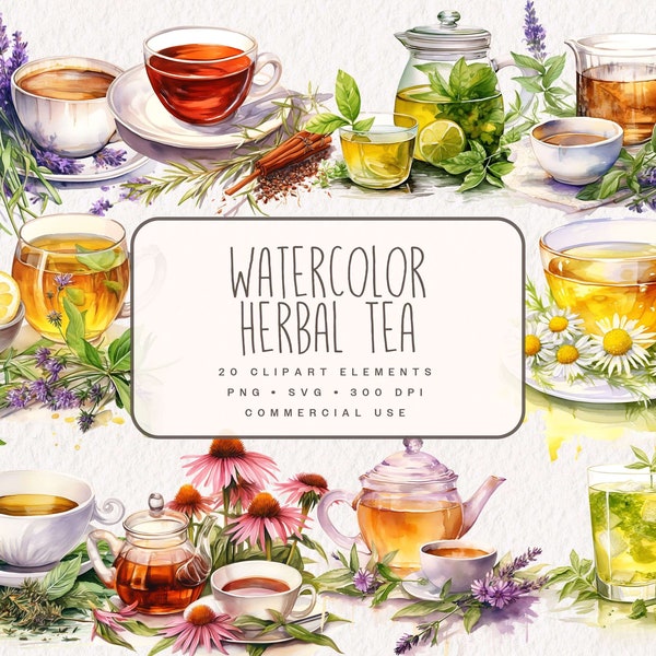 Watercolor Herbal Tea Clipart, Cozy Tea Graphics in PNG and SVG, Herbal Medicine Tea Cups Illustrations for commercial use