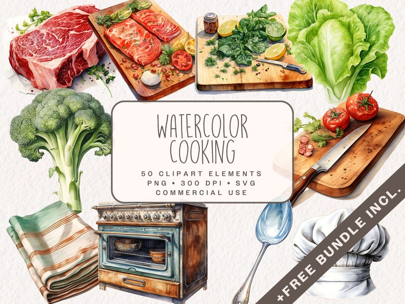 May include: Watercolor illustrations of various cooking ingredients, including broccoli, lettuce, tomatoes, lemons, limes, steak, salmon, a chef's hat, a spoon, and a stove. The text "WATERCOLOR COOKING 50 CLIPART ELEMENTS PNG 300 DPI SVG COMMERCIAL USE +FREE BUNDLE INCL." is also included in the image.