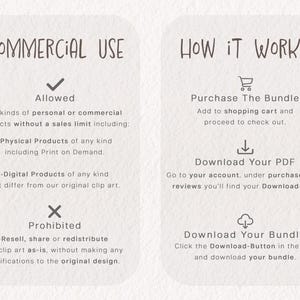 May include: A graphic with the text "COMMERCIAL USE" and "HOW IT WORKS" describing the terms of use for digital products. The graphic includes checkmarks and an X to indicate what is allowed and prohibited. The text includes "Allowed", "Prohibited", "Physical Products", "Digital Products", "Resell", "Share", "Redistribute", "Purchase The Bundle", "Download Your PDF", "Download Your Bundle", "Download-Button", "Go to your account", "under purchases and reviews", "Download-File", "Click the Download-Button", "and download your bundle".