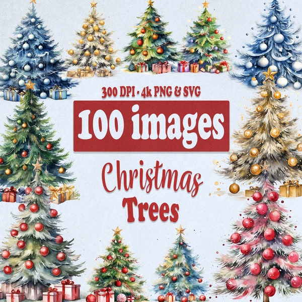 Christmas Tree Clipart Bundle, Watercolor xmas trees clip art for invitation card, scrap booking in PNG and SVG Format for Commercial Use