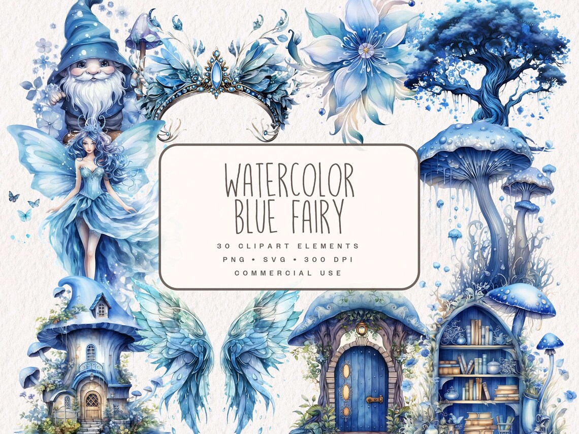 Watercolor Blue Fairy Clipart, Cute Fantasy Graphics, Floral Fairy ...