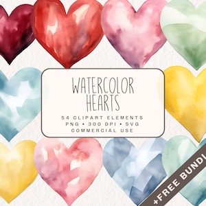 Paquete de imágenes prediseñadas de corazones de acuarela de colores, gráficos de corazones de San Valentín en PNG y SVG, ilustraciones de amor romántico para uso comercial