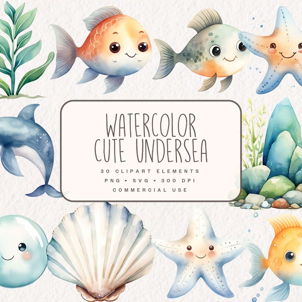 Aquarell niedliche Unterwasser Clipart, Unterwasser Grafiken in PNG & SVG für Babyshower Oktopus, Delfin, Qualle, Wal, Kinderzimmer Dekor