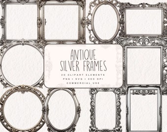 Antique Silver Frames Clipart, Vintages Frames Graphics, Rococo Frames Illustrations, Baroque Frame for Junk Journal and commercial use