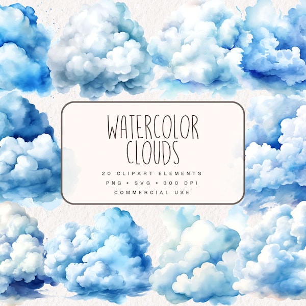 Watercolor Clouds Clipart Bundle, Blue Cute Cloudy Graphics, Sky Illustrations for Commercial Use, Digital Download