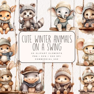 Baby Tiere auf Schaukeln Clipart, Aquarell Winter süße Tiere, Winter Grafiken in PNG und SVG, digitale Kinder Illustration für kommerzielle Nutzung