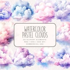 Imágenes prediseñadas de nubes pastel de acuarela, lindos gráficos nublados, ilustraciones del cielo para uso comercial, descarga digital