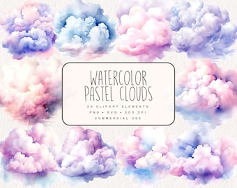 May include: Watercolor pastel clouds clipart set of 20 elements. The clouds are in shades of pink, blue, and purple. The text "WATERCOLOR PASTEL CLOUDS" is in black text on a white background.