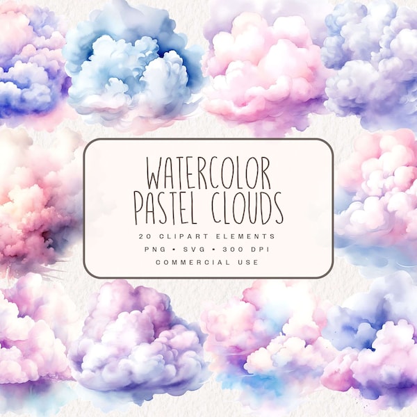 Watercolor Pastel Clouds Clipart, Cute Cloudy Graphics, Sky Illustrations for Commercial Use, Digital Download