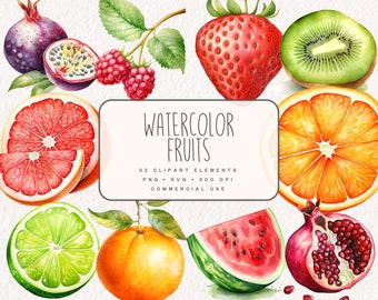 Watercolor Fruits Clipart Bundle, Cute Food Graphics in PNG and SVG Format, Healthy Good Illustrations Apple, Lemon, Orange, Strawberry