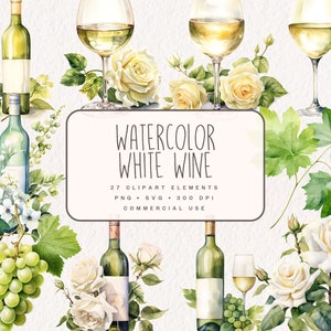 Aquarel witte wijn clipart, witte wijnglas graphics, druif en roos bloemen illustraties in png en SVG, digitale bloemen bruiloft kunst