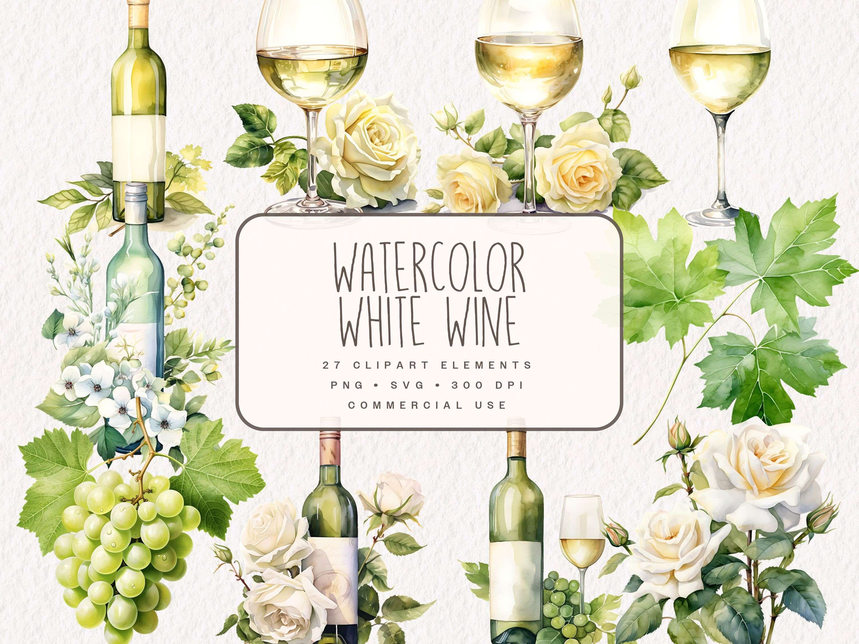 Watercolor White Wine Clipart, White Wine Glass Graphics, Grape and ...