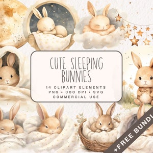 Cute Sleeping Bunnies Clipart, Watercolor Bunny Graphics in PNG and SVG, Digital Boho Stars and Moon Illustrations for Baby Shower